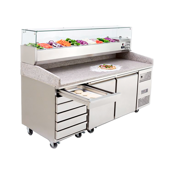 MESA REFRIGERADA 02 PUERTAS CON GRANITO, CAJONES Y TOPPING AÉREO INDEPENDIENTE